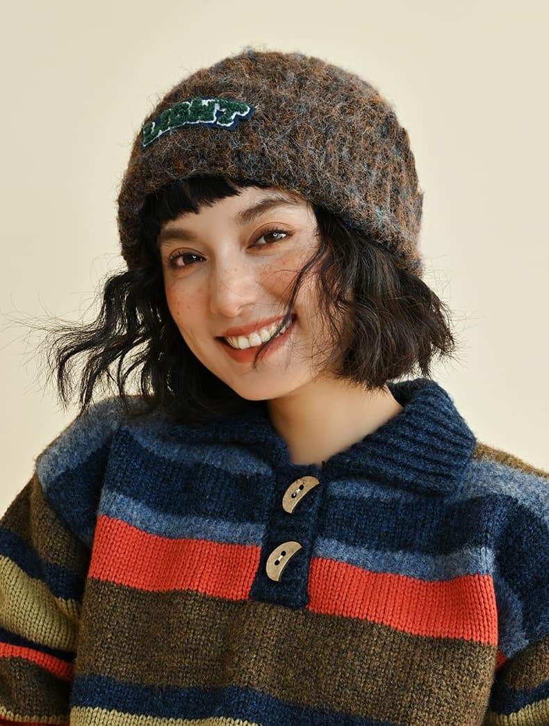 ビーニー モヘア混リブ編みあったかビーニー